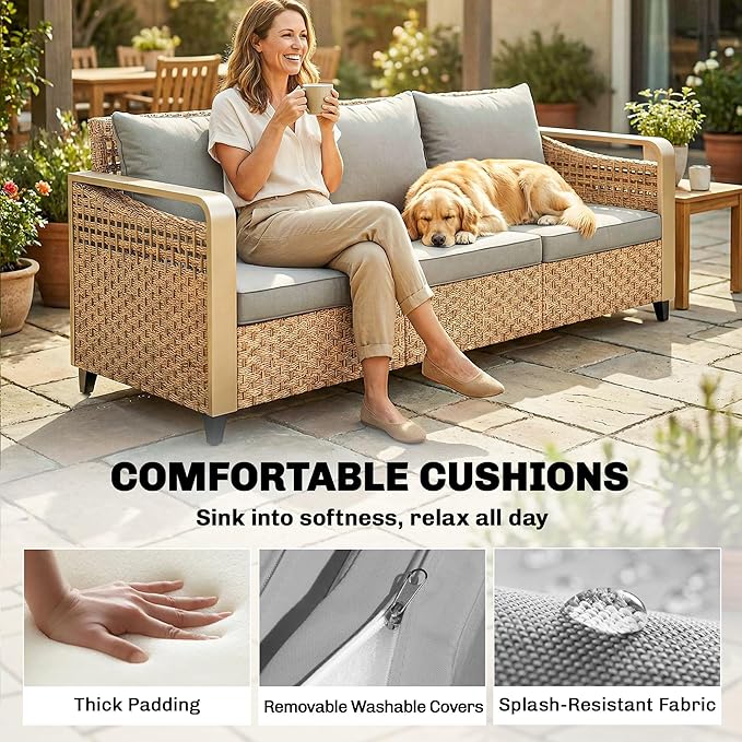 Outsunny Outdoor Patio Couch with Wide and Deep Seat, 3 Seater Wicker Outdoor Sofa with Wide Metal Armrests, Patio Furniture Couch with Cushions for Porch, Garden, Backyard, Gray | Removable Covers