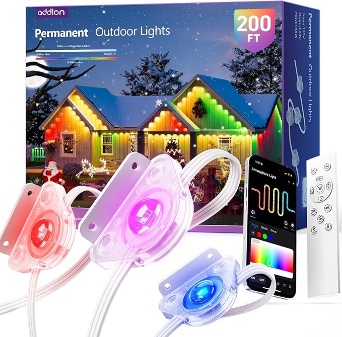 addlon Permanent Outdoor Lights, Smart RGB+IC LED Lights for House & Outdoor Decor, App & Remote Control, Scene Modes, IP67 Waterproof for Christmas, Holiday, Valentine's Day Decorations, 200FT