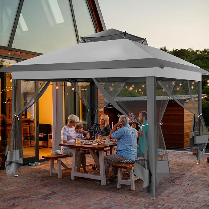 COBIZI 11x11 Pop Up Gazebo One-Push Canopy Tent, Carpas Para Patio, Outdoor Canopy Shelter with Double Roof Ventiation 121 Square Feet of Shade for Lawn, Garden, Backyard and Deck, Gray (Upgraded 2.0)