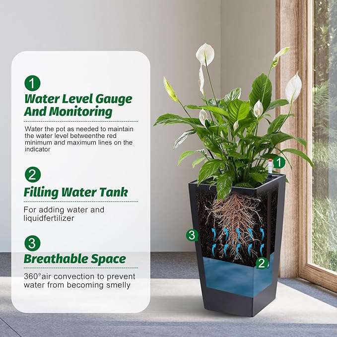 Garvee 16" Tall Planters Set of 2, Outdoor＆Indoor Black Planter Pots, High Front Porch Planter Pots with Drainage Holes＆Water Level Monitor＆Inner Bucket,Black
