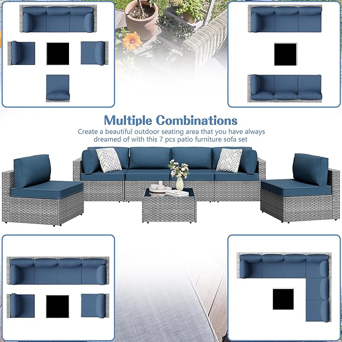 Shintenchi 7 Pieces Outdoor Patio Furniture Sets, Patio Sectional Sofa Couch, Silver Gray PE Wicker Furniture Modular Patio Conversation Sets Patio Sofa with Washable Cushions (Aegean Blue)