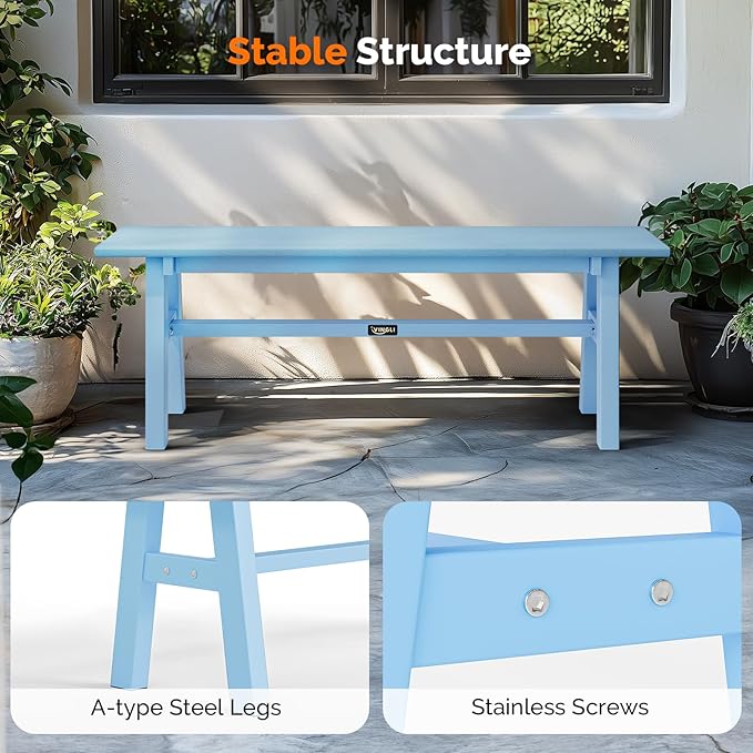 VINGLI 47” Outdoor HDPE Bench, Weatherproof Garden Bench w/Metal Legs, Poly Lumber Porch Benches, 660 LBS Capacity Outdoor Backless Patio Benches for Entryway Deck (Blue)