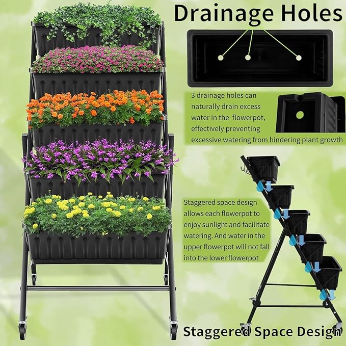 Homdox 2 Pack Vertical Garden Bed, 5 Tiers Raised Garden Planter, 25.6 * 26 * 48 Inch with Drainage System & 4 Hooks, Vegetable Flower Stand for Garden Patio Yard (Black with 4 Wheels)