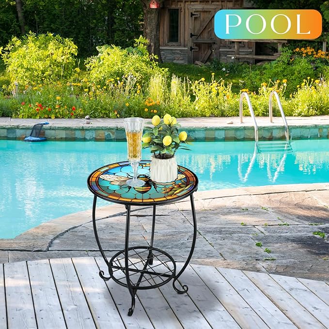 Outdoor Side Table Round Small Mosaic Patio Accent Indoor End Plant Coffee Tea Table for Yard Patio Porch Garden Living Room, Bedroom(Bee Style,14 Inch)