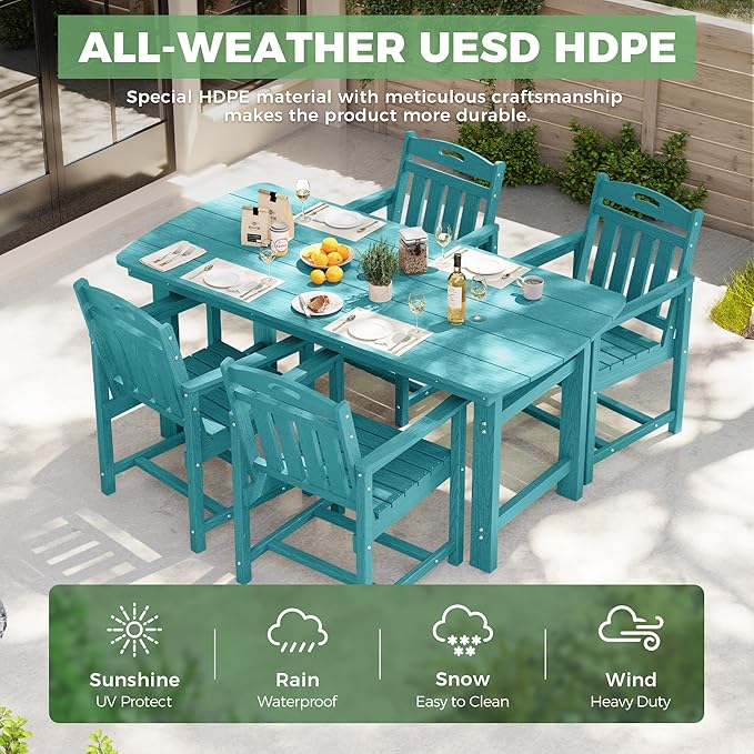 HDPE Outdoor Dining Set, Patio Table and Chairs Set, All-Weather 5-Piece Outside Table and 4 Chairs, 2" Umbrella Hole, Outdoor Furniture for Garden, Poolside, Backyard, Deck | Lake Blue
