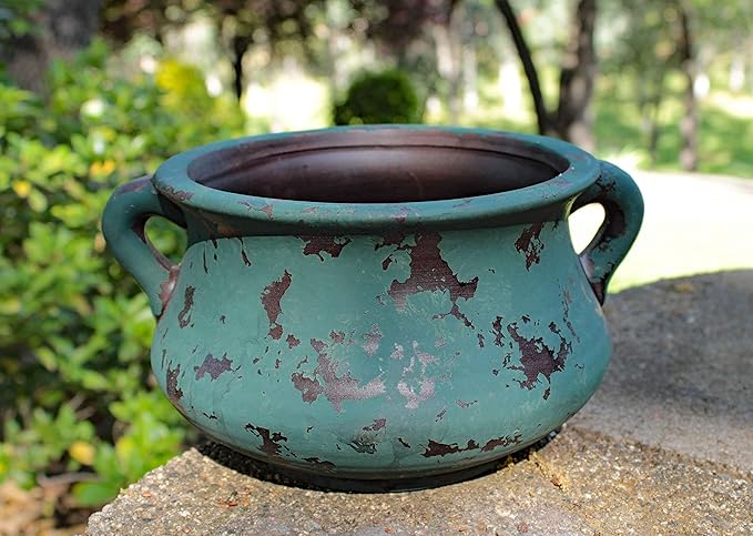 Egyptian Era Designed Earthen Ware Terra-Cotta Vessel/Planter with Looped Handles (Green)