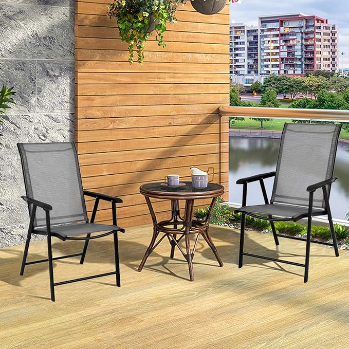 Giantex Set of 2 Patio Folding Chairs, Outdoor Chairs with Armrest, Portable Dining Chairs for Porch Camping Pool Beach Deck Lawn Garden, 2-Pack Patio Sling Chairs, Metal Frame, Grey