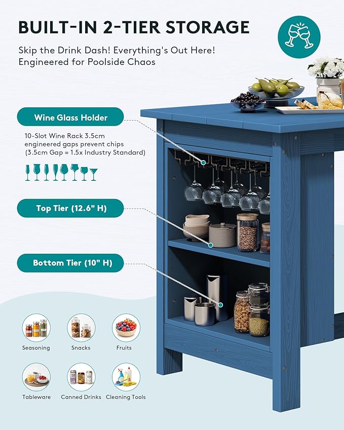 SERWALL Outdoor Bar Table and Chairs Set, 5-Piece HDPE Counter Height Patio Dining Sets with Storage and Wine Rack, Rectangular High Top Bar Table with 4 Bar Stools for Garden, Backyard, Blue