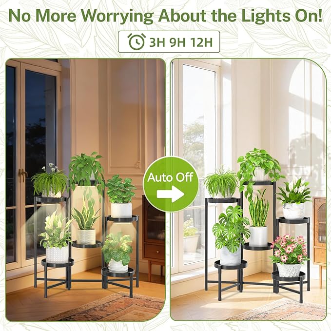 iDavosic.ly Plant Stand Indoor with Grow Light, 6 Tier Corner Metal Flower Display Holder Shelf, Easy Assembly Folding Tall Orchid Rack for Patio Balcony Porch Garden Living Room House, Black