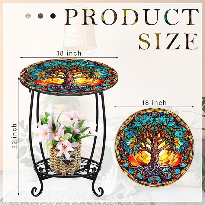 Outdoor Side Table Round Small Mosaic Patio Accent Indoor End Plant Coffee Tea Table for Yard Patio Porch Garden Living Room, Bedroom(Tree of Life Style,18 Inch)