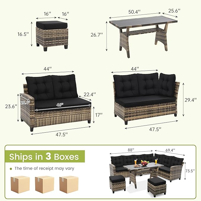 6-Piece Patio Furniture Set, Outdoor Sectional Sofa with Dining Table & Chairs, All-Weather Dining Set with Removable Cushion Covers, Ideal for Garden, Porch, Backyard, Black