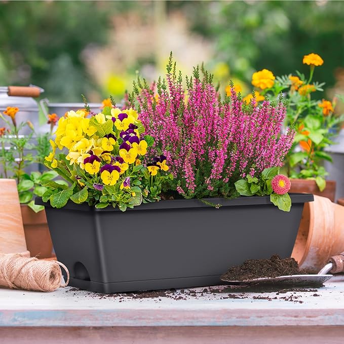 CADUKE Railing Planter Boxes 2 Pack Railing Flower Box with Adjustable Bracket 17 Inch Window Boxes Rectangle Window Deck Hanging Planters Boxes for Outdoor Patio, Gray