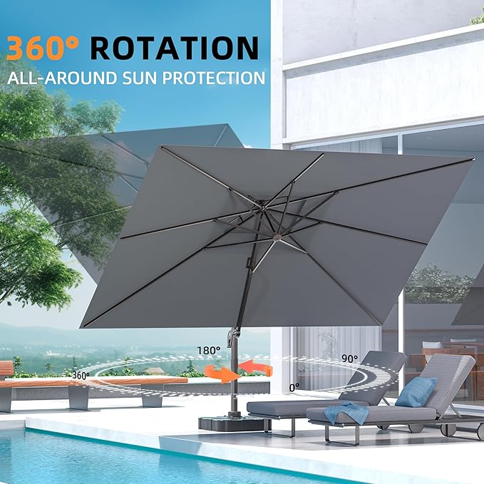 9' X 12' Cantilever Outdoor Patio Umbrellas Double Top Large Rectangle Umbrella Heavy Duty 360°Rotation Offset Umbrella for Garden Deck Pool Patio,Grey