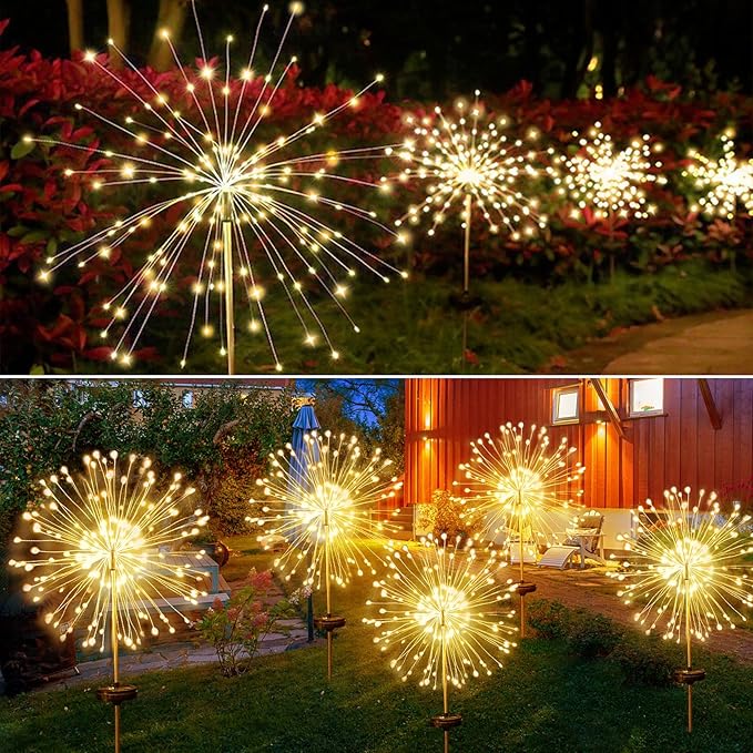 JJGoo Outdoor Solar Lights Firework, 2 Pack 120 LEDs Waterproof Solar Lights for Outside Garden Yard Pathway Fence - Warm White