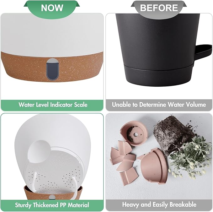 montresor 5-Pack Self-Watering Planters with Wick & Reservoir (5/5.5/6/6.5/7 Inch) – Plastic Indoor Pots with Drainage, White Flower Pot for Violet, Herb