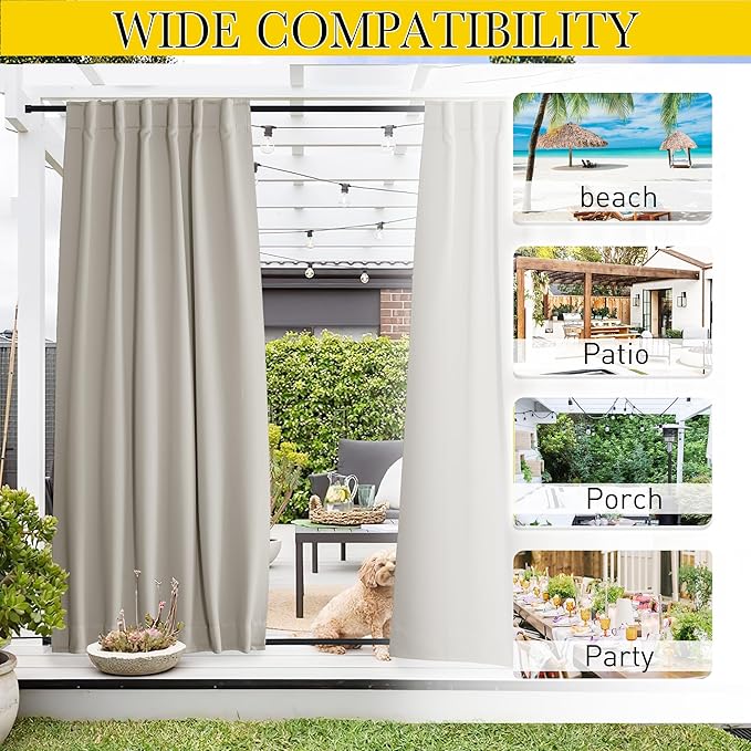 NICETOWN 2 Panels Outdoor Curtains Waterproof Pocket & Back Tab on Top & Bottom, Thermal Insulated Windproof Sun Blocking Outside Privacy Drapes for Patio with Fixed Rope, W84 x L84, Natural
