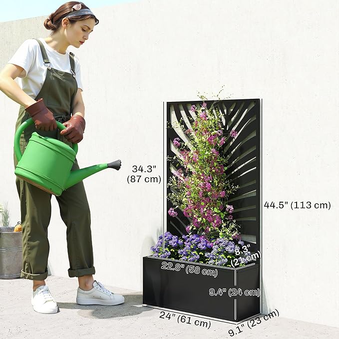 Outsunny Metal Raised Garden Bed with Trellis for Climbing Plants, Freestanding or Wall Mounted Flower Bed with Privacy Panel, Large Leaf Cut-Out Outdoor Planter Box for Garden, Patio, Balcony
