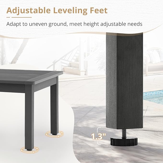 LUE BONA Outdoor Coffee Table, HDPS Patio Coffee Tables for Outside Rectangle, Adjustable Levelling Feet/Weather Resistant, Patio Table for Deck, Pool, Balcony, Indoor or Outdoor Use, Dark Gray