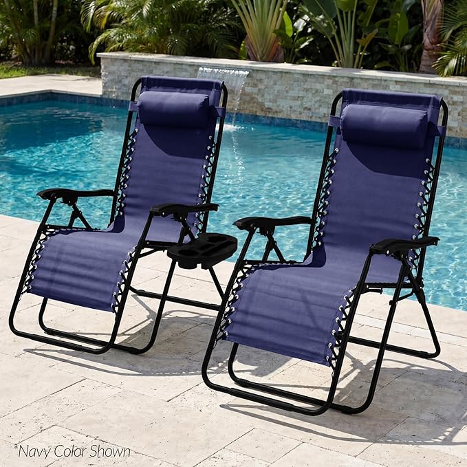 Best Choice Products Set of 2 Extra Wide Adjustable Steel Mesh Zero Gravity Lounge Chair Recliners w/Pillows and Cup Holder Trays - Mediterranean Blue Stripes