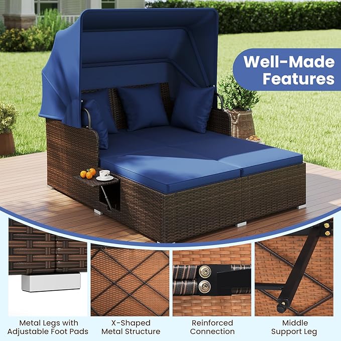 Tangkula Patio Rattan Daybed with Retractable Canopy, Outdoor Wicker Sunbed with 2 Foldable Side Tables, Thick Seat & Back Cushions, Outside Double Daybed for Garden, Backyard, Porch, Navy & Brown
