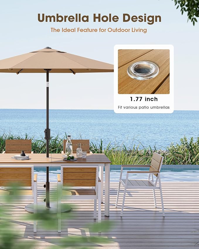 Outdoor Patio Dining Set for 6, Aluminum 7 Piece HDPS Patio Table and Chairs Set with Umbrella Hole, Modern Patio Furniture Set, Patio Dining Table & 6 Chairs (White & Teak)