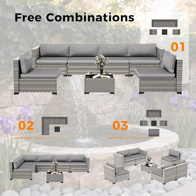 6-Seat Modular Patio Furniture Set – Outdoor Wicker Sectional Sofa with Thick 4″ Cushions, Dual-Strand PE Rattan, Rust-Resistant 18 mm Steel Frame, Backyard Garden Deck Lounge,Gray
