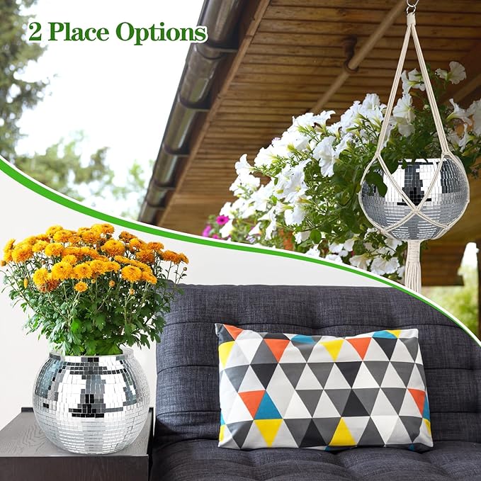 Disco Ball Planter, 1pcs 9” Silver Disco Ball Planter, Disco Ball Plant Hanger with Hanging Rope, Hanging Chain, Hook, Circle and Extra Mirror Pieces