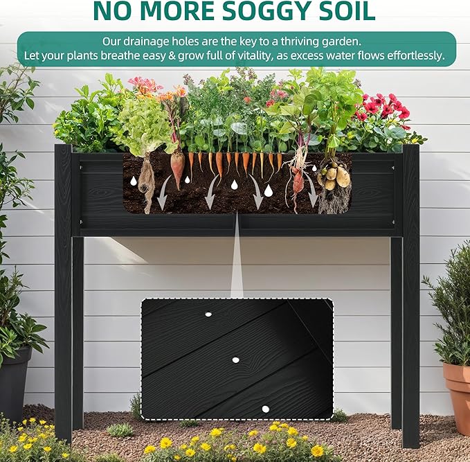 YITAHOME Elevated Garden Bed Poly-Wood All-Weather Raised Garden Bed with Legs & Drainage Hole HDPE Elevated Planter Box for Herbs Vegetables Flowers Plant Bed for Garden Balcony Backyard, Black