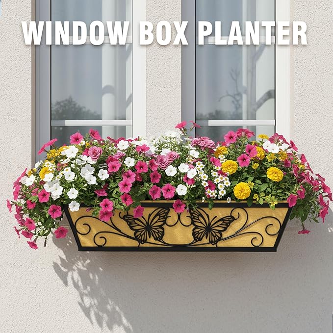 4 Pack 24 Inch Window Boxes Planter Railing Planters Box with Adjustable Brackets for Porch Deck Balcony Hanging Butterfly Decorative Flower Baskets & Non-Woven Fabric Liner for Outdoor Plants - Black