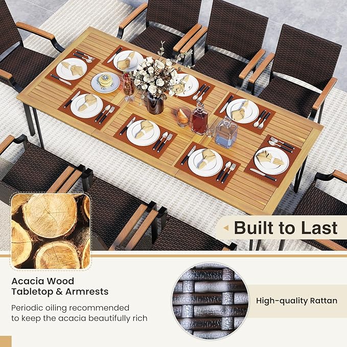 Tangkula 9 Piece Patio Dining Set, 79” Rectangular Outdoor Dining Table with Acacia Wood Top & Umbrella Hole, 8 Stackable Rattan Armchairs, for Backyard Garden Poolside