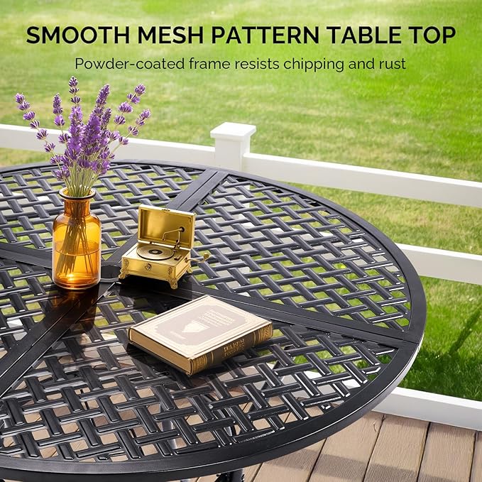 VINGLI 42" Round Outdoor Dining Table - Patio Metal Table with 1.97" Umbrella Hole, Iron Garden Table for Deck Porch Backyard, Black