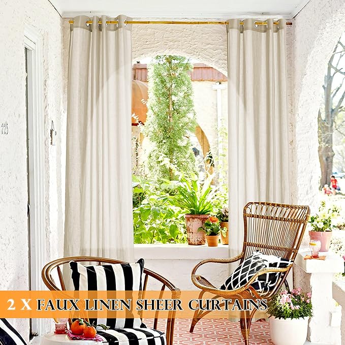 RYB HOME Outdoor Indoor Farmhouse Linen Sheer Curtains - Rustic Semi Sheer Privacy Drapes with Curtain Ropes for Patio Gazebo, 52 inch Wide x 108 inch Long, 2 Panels, Beige