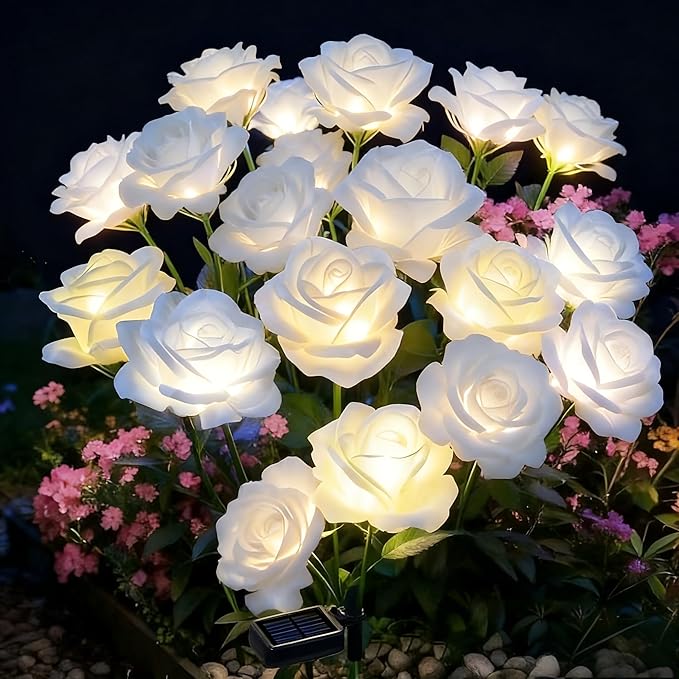 Solar Garden Rose Lights by FANCYPOP, 2 Pack Most Realistic 12 LED Flower Stake Lights, IP65 Waterproof 7 Color Changing Solar Decor for Walkway/Graveyard, Heartwarming Gifts for Grandma & Mom, White