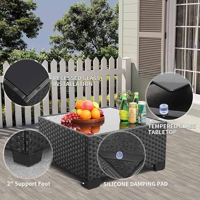9 Pieces Outdoor Sectional All-Weather Wicker Patio Furniture Set Patio Sectional and Glass Patio Table Non-Slip Cushions and Waterproof Covers, Navy Blue