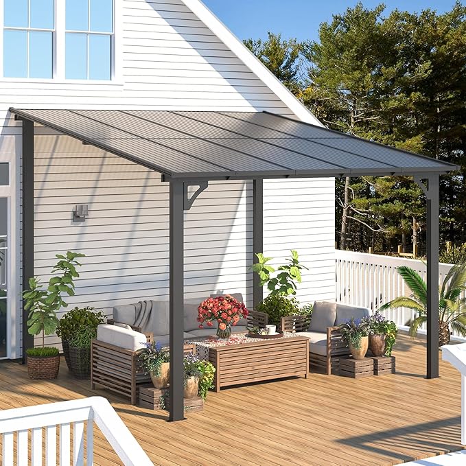 AECOJOY 10' x 24' Gazebo for Patio, Large Wall-Mounted Hard Top Lean-to Gazebo Pergola with Roof 24' x 10' on Clearance, Heavy Duty Patio Awnings for Decks, Backyard