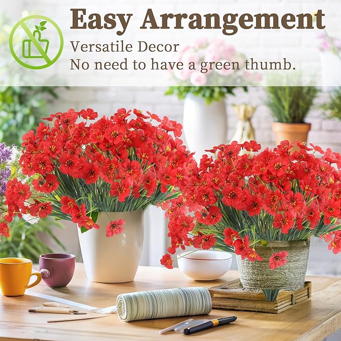 24 Red Bundles Artificial Flowers for Outdoors/Indoors Fake Flowers Plants for Indoor Outside Garden Porch Window Box Home Wedding Farmhouse