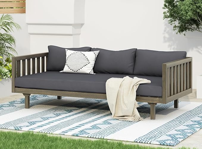 Merax Outdoor 3 Seater Daybed, Acacia Wood Day Bed Couch Sofa with Cushions for Patio Backyard, Garden, Dark Grey