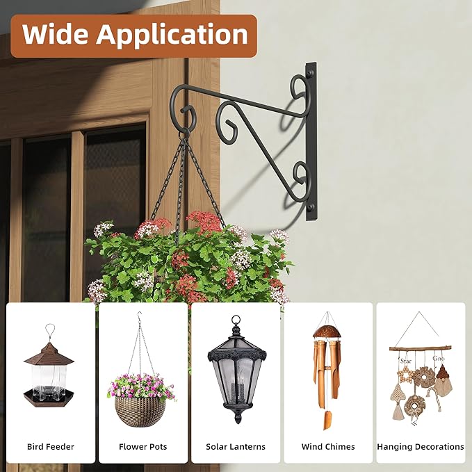 4 Pack 16 Inch Plant Hangers Outdoor Bracket, Indoor Wall Mount Metal Heavy Duty Rust-Resistant Bird Feeder Plant Hooks for Hanging Planters, Flower Baskets, Black
