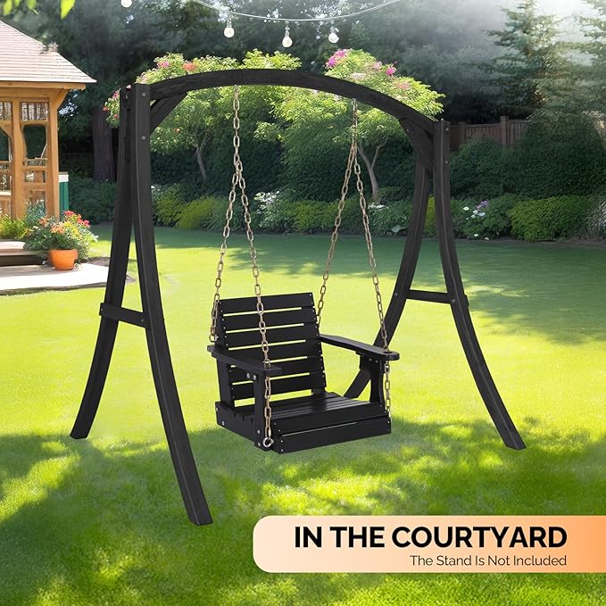 VINGLI Heavy Duty 880 LBS HDPE Porch Swing Outdoor with Rotatable Cup Holder, with Adjustable Chains, 1 Person Hanging Porch Swing Chair for Porch, Yard, Tree, Garden - Black
