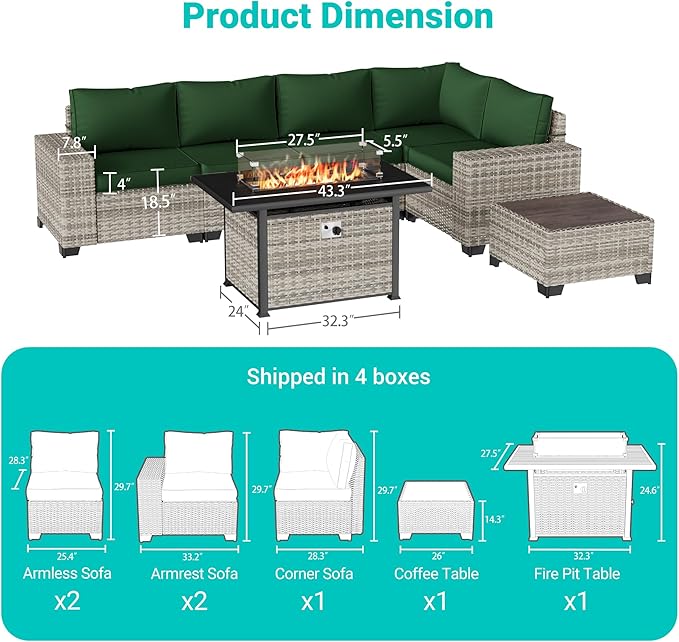 7-Piece Outdoor Patio Furniture Set with 55,000 BTU Fire Pit Table, PE Wicker Rattan Sectional Sofa Patio Conversation Set with Thickened Cushions & Coffee Table, Dark Green