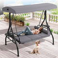 Grepatio Outdoor Porch Swing with Canopy and Stand, 3 Person Patio Swing for Adults, Convertible 2 in 1 Porch Bed Swing with Cup Holder, 3 Seat Swings with 2 Pillow Cushions for Garden, Yard (Grey)