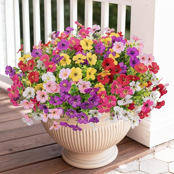 Bassion Artificial Flowers for Outdoors, 24 Bundles UV Resistant Fake Flowers Realistic Silk Faux Plants for Outdoor Planter Window Box Porch Patio Garden Home Outside Decorations