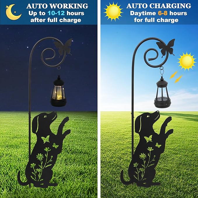 Solar Dog and Cat Lantern Garden Stakes - Outdoor Decorative Solar Lights for Yard, Patio, Pathway - Weatherproof Metal Pet Stake with Auto Night Lighting