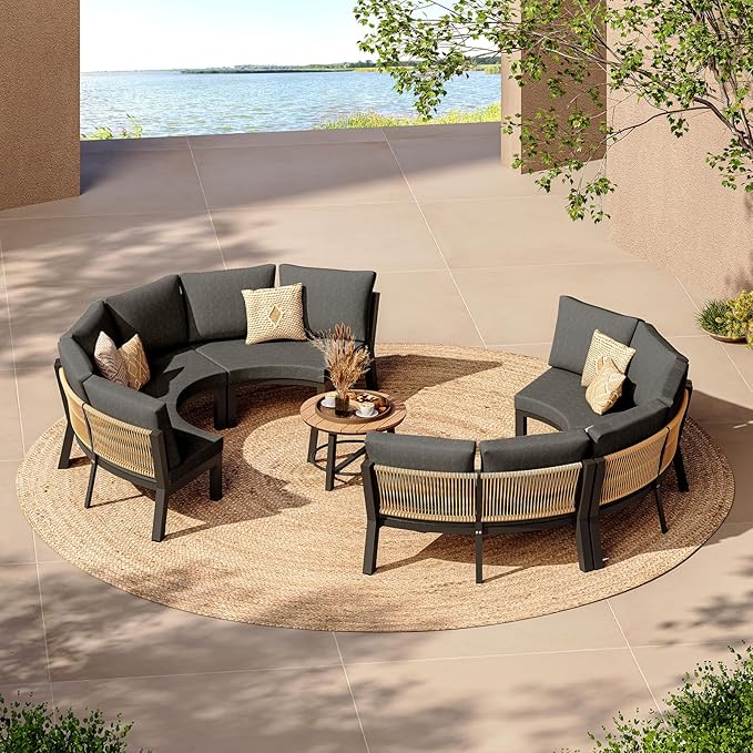 Outdoor Aluminum Patio Furniture Set, 7 Piece Curved Outdoor Sectional Sofas with Coffee Table, PE Rope Patio Conversation Sets, All-Weather Patio Couch Sets with Cushions, Graphite