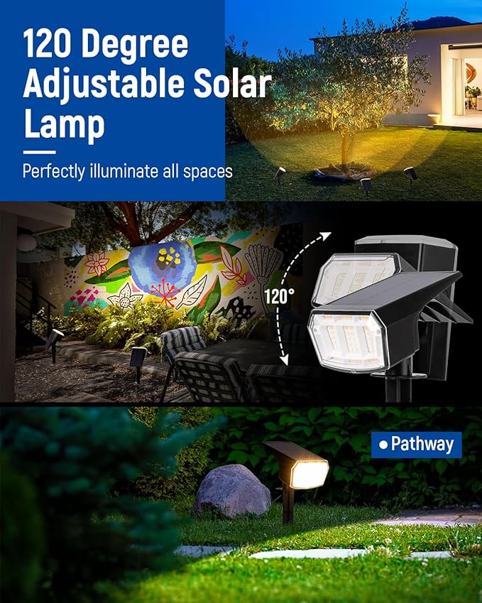 Solar spotlights Outdoor 63 LED 3 Lighting Modes, IP65 Waterproof Lighten Yard Garden House Garage Pathway for Christmas Decorations-4 Pack