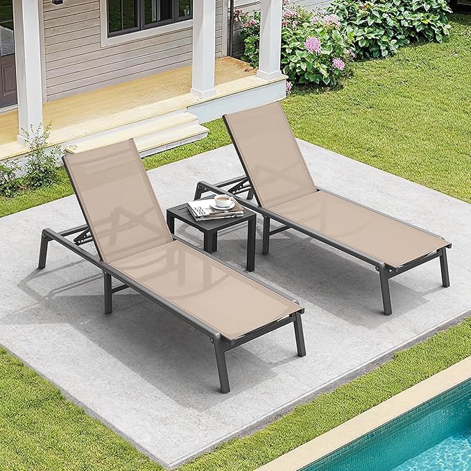 ONBRILL Aluminum Chaise Lounge Chair Outdoor, Foldable & Assembly Free Outdoor Lounge Chair with 5 Position Adjustable Backrest, Patio Pool Lounge Chairs for Outside Poolside Beach Lawn, 1PC, Khaki