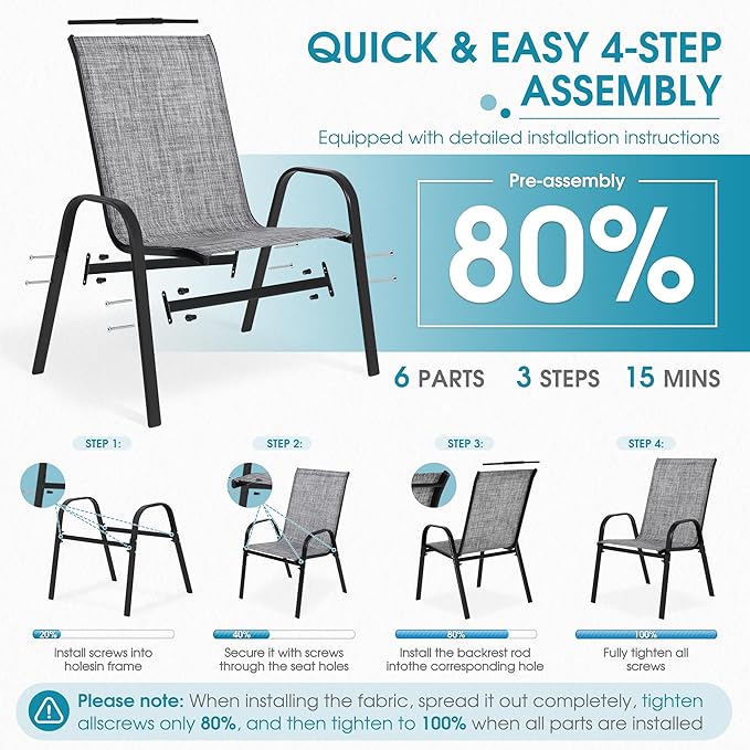 Outdoor Stackable Chairs Set of 4, Stacking Patio Chairs with Textilene Fabric, Outside Furniture for Garden Backyard Balconie Poolside Deck, Grey