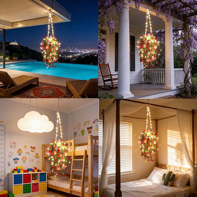 Comtelek Artificial Flowers for Outdoors Fake Hanging Plants with Lights, 4pcs Silk Flowers UV Resistant Realistic Hanging Planter Faux Flower for Outside Porch Patio Home Garden Yard Decor