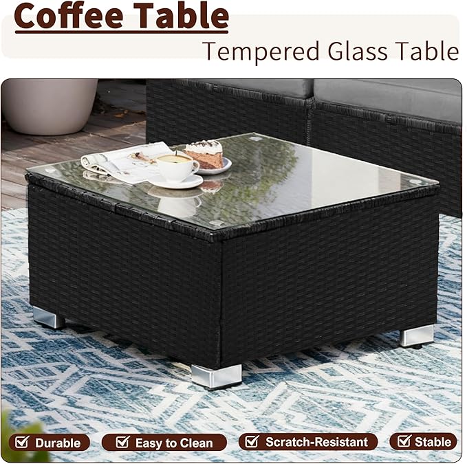 7 Pieces Patio Furniture Set - All-Weather Outdoor Wicker Sectional Conversation Sofa, Rattan Patio Seating Sofa Set with Cushion and Glass Table for Porch Poolside, Black/Grey