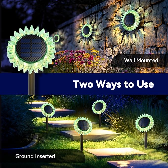 Outdoor Solar Lights, 4 Pack Led Solar Sunflower Lights, Stake/Wall 2-in-1 Waterproof Solar Garden Lights for Yard, Landscape, Fence, Patio, Driveway, Pathway, Backyard Decoration (Warm White)